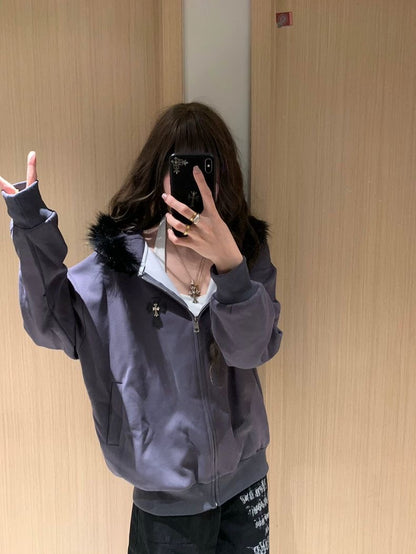 Faux Fur Cross Zip Hoodie