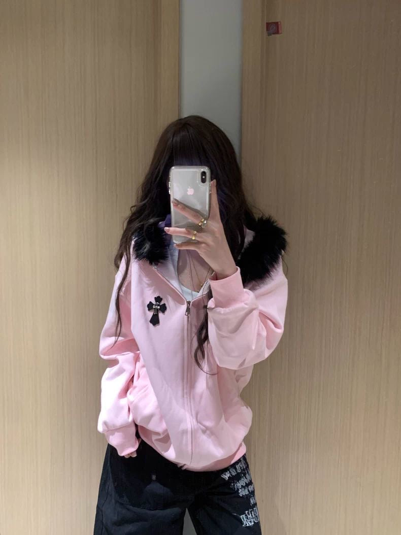Faux Fur Cross Zip Hoodie