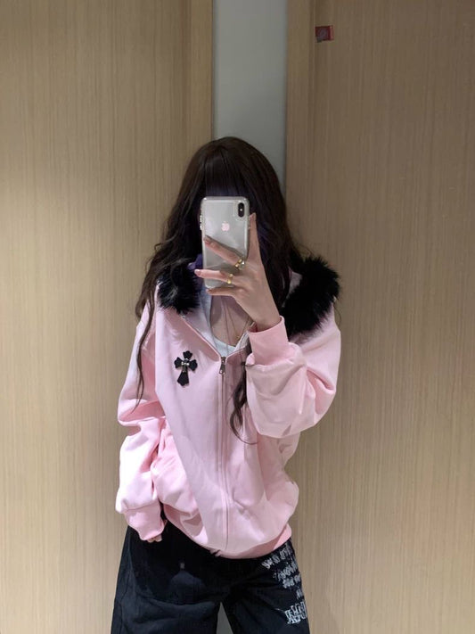 Faux Fur Cross Zip Hoodie