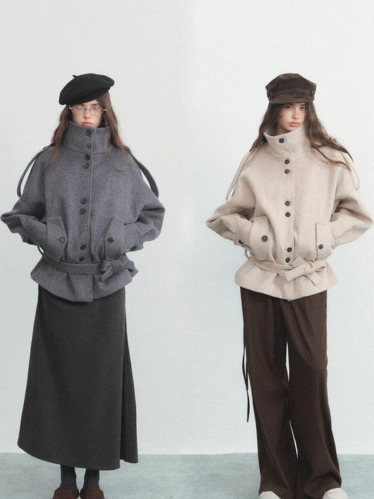 Vintage High Neck Belted Wool Jacket