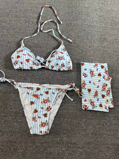 Floral Stripe 3-Piece Bikini Set with Wrap Skirt