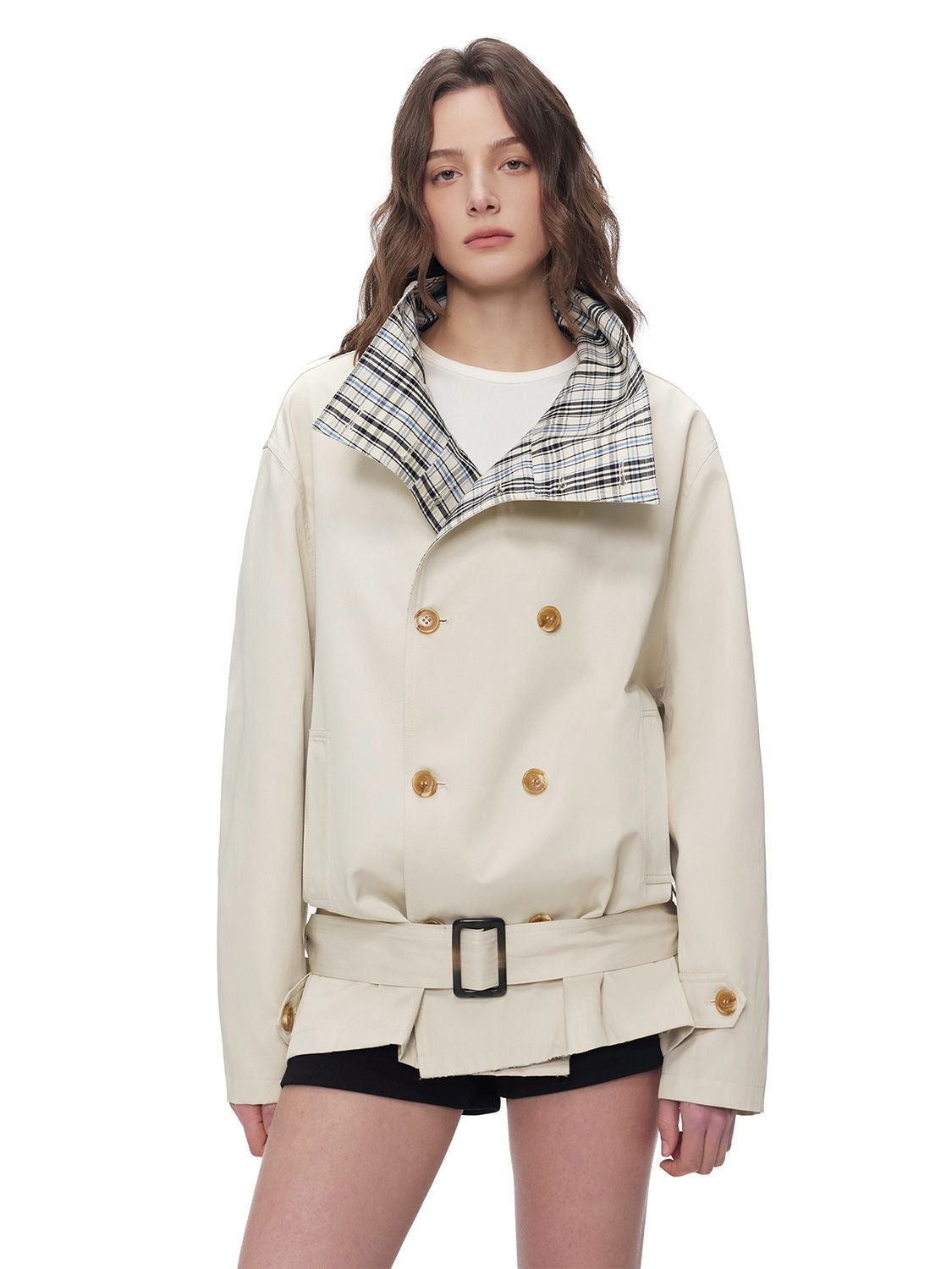 Vintage Plaid Collar Belted Jacket