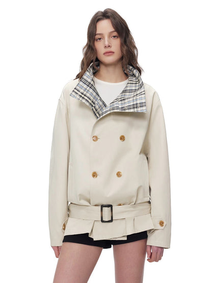 Vintage Plaid Collar Belted Jacket
