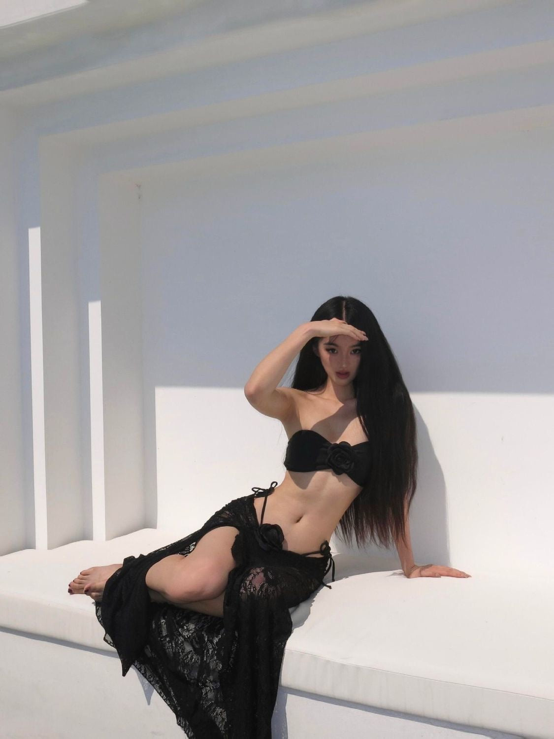 Black Rose Bandeau Bikini & Lace Skirt Set