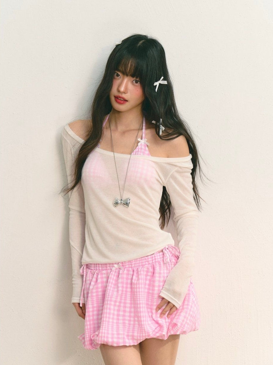 Pink Gingham Bikini & Puff Skirt Set
