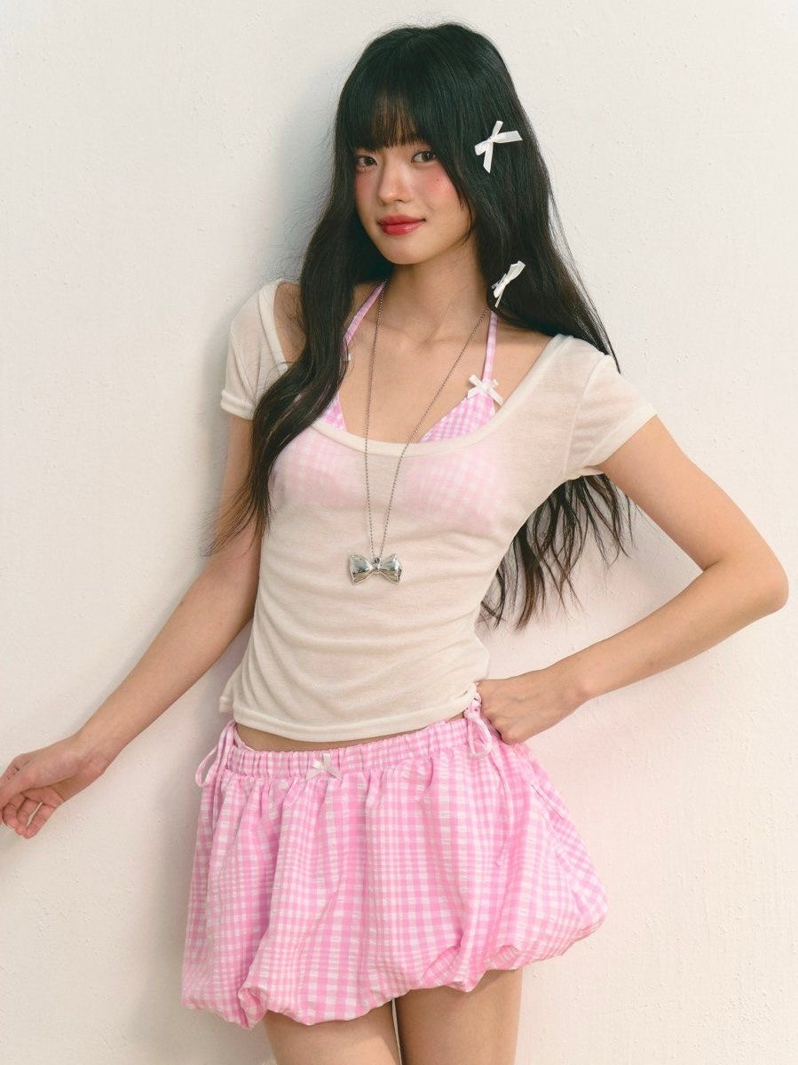 Pink Gingham Bikini & Puff Skirt Set