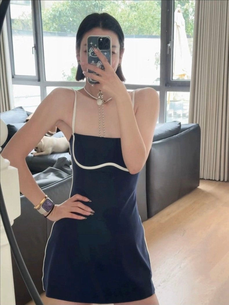 Navy Contrast Trim Mini Swim Dress