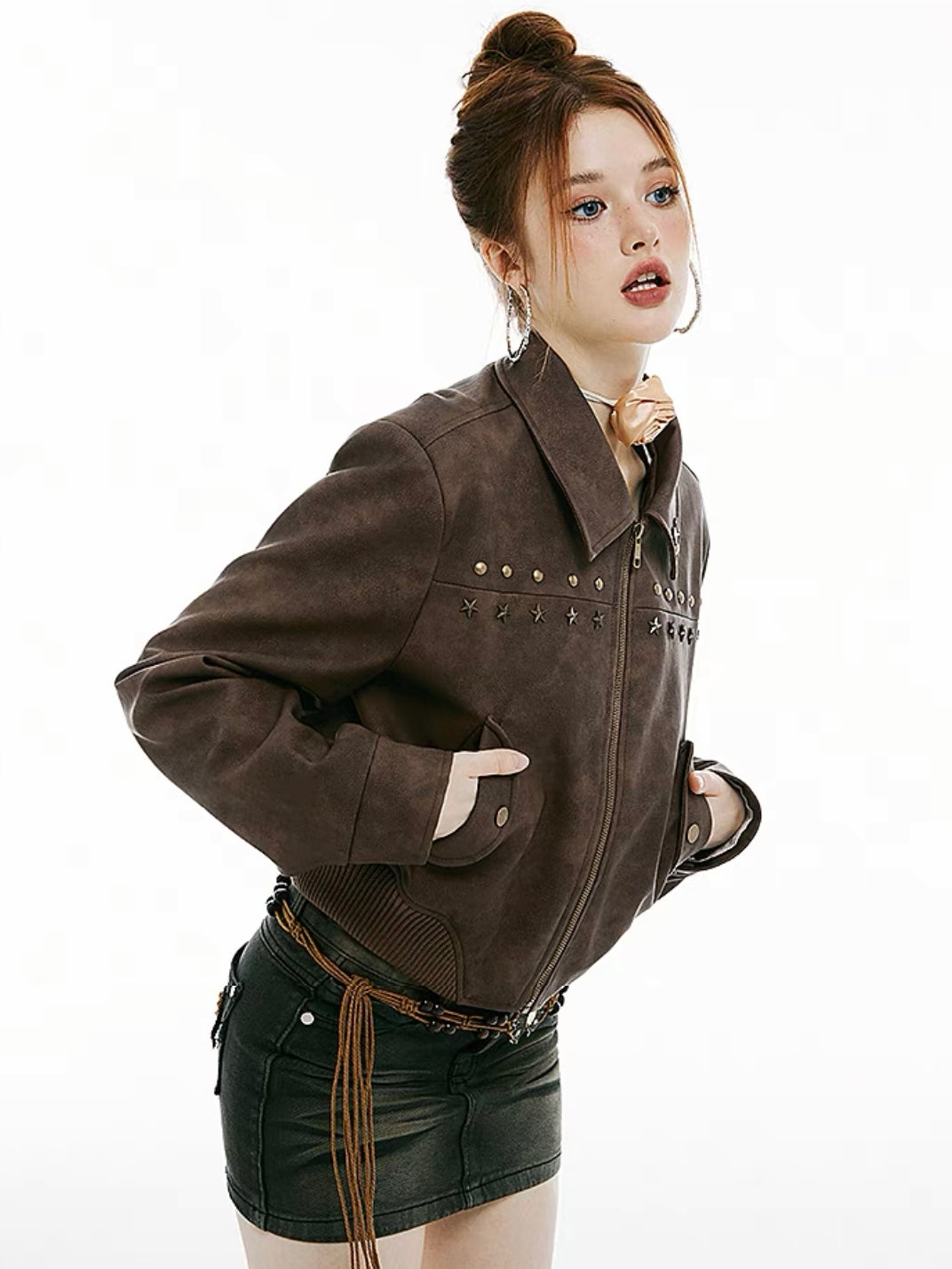 Coco Brownie - Chocolate Studded Leather Jacket