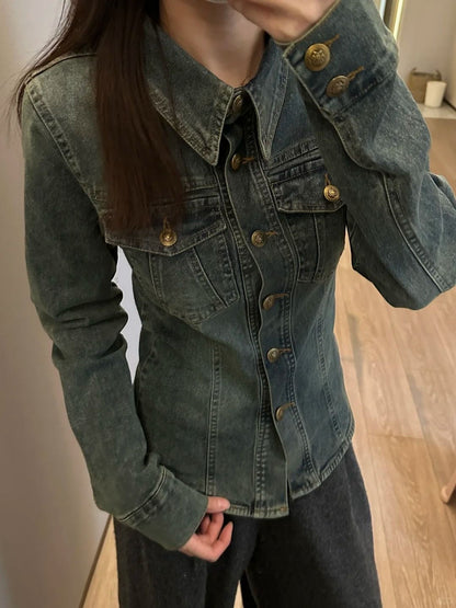 Stretch Denim Cinched Waist Shirt Jacket