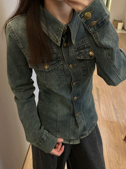 Stretch Denim Cinched Waist Shirt Jacket