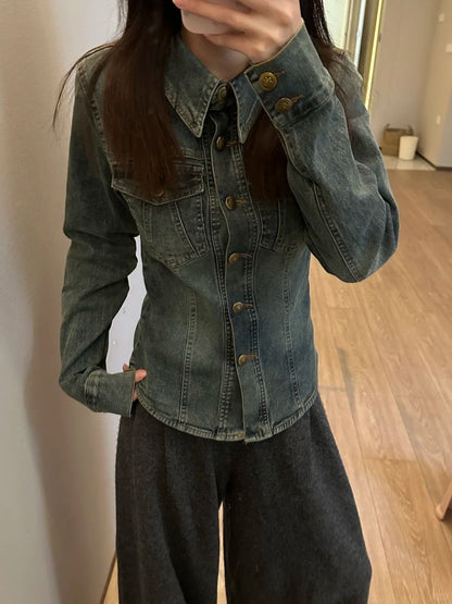 Stretch Denim Cinched Waist Shirt Jacket