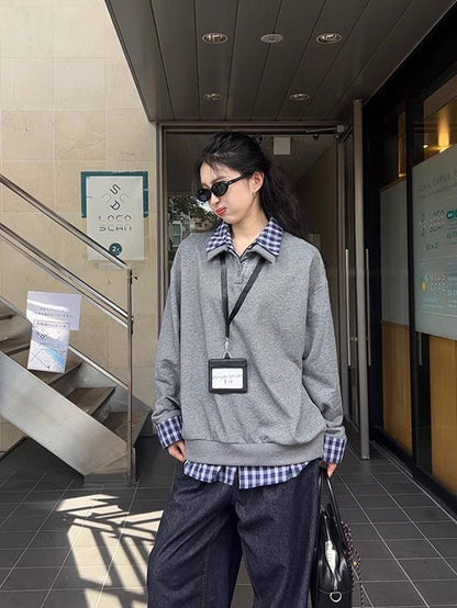 370g Plaid Shirt Panel Layered Sweatshirt