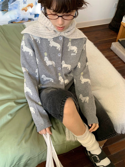 435g Grey Knit Cardigan with Dachshund Embroidery
