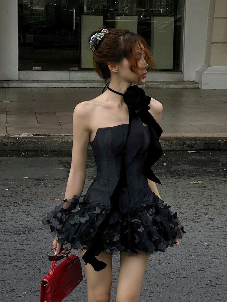 Black Rosette Strapless Ruffle Mini Dress