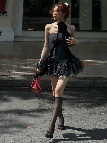 Black Rosette Strapless Ruffle Mini Dress