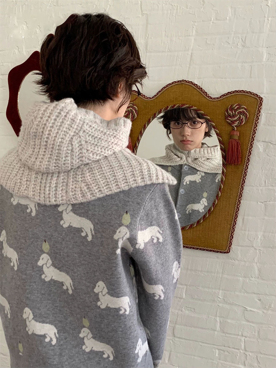 435g Grey Knit Cardigan with Dachshund Embroidery