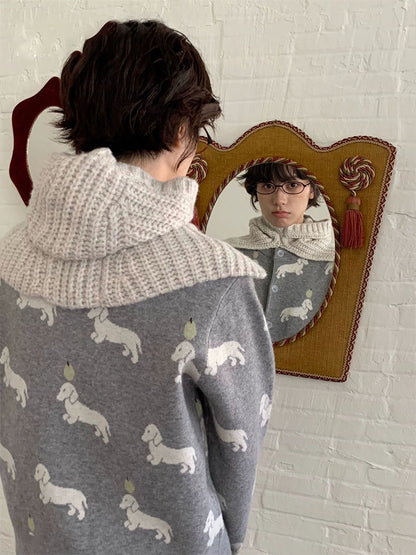 435g Grey Knit Cardigan with Dachshund Embroidery