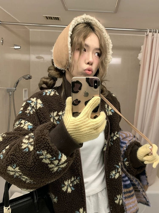 Coffee Printed Sherpa-Lined Puffer Jacket ❄️🧣🔥