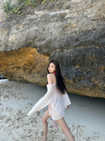Sheer Oversized Beach Cover-Up – White