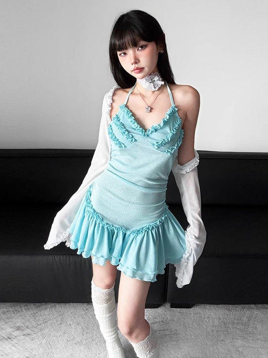 Baby Blue Ruffle Halter Mini Dress