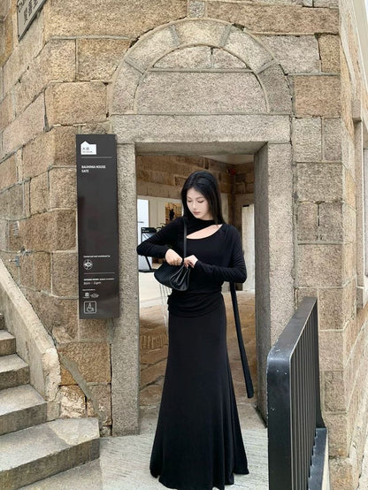 Asymmetric Scarf-Drape Long Sleeve Top