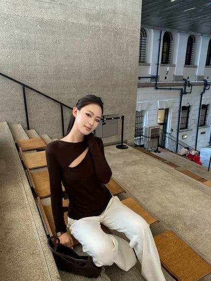 Asymmetric Scarf-Drape Long Sleeve Top