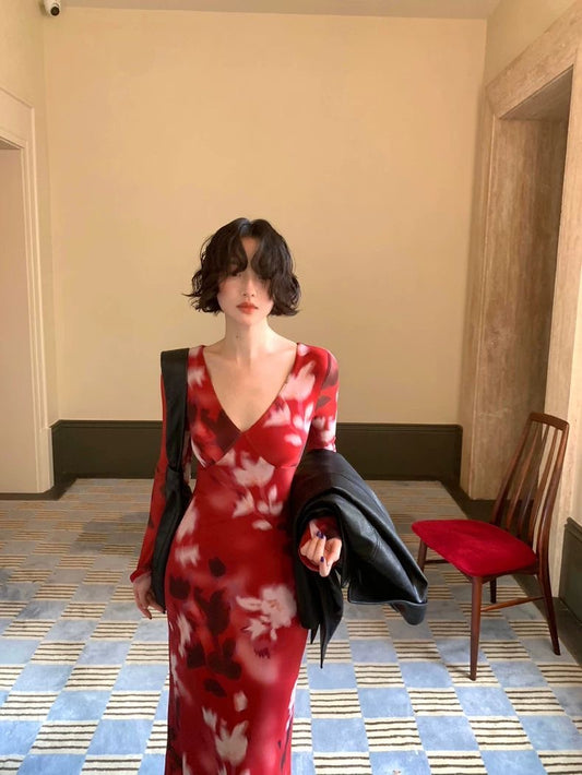 Red Floral Sheer Long-Sleeve Maxi Dress