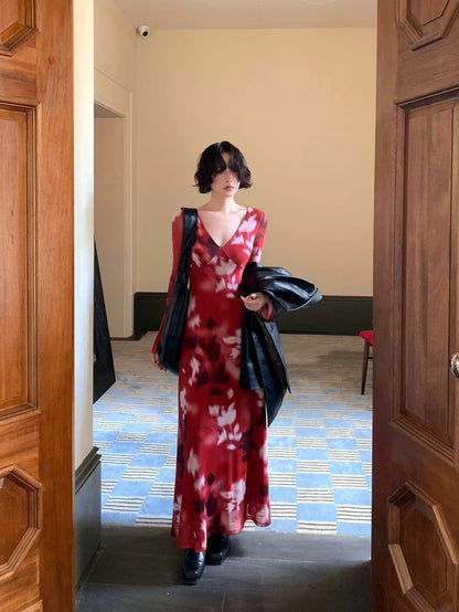 Red Floral Sheer Long-Sleeve Maxi Dress