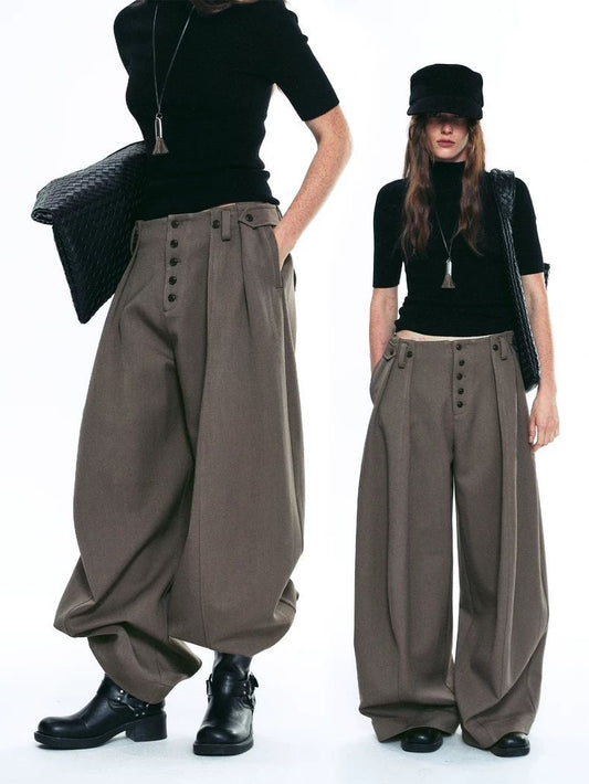 Unisex Pleated Wide-Leg Button Trousers