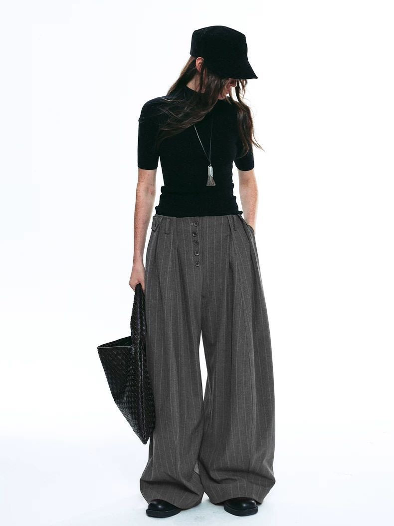 Unisex Pleated Wide-Leg Button Trousers