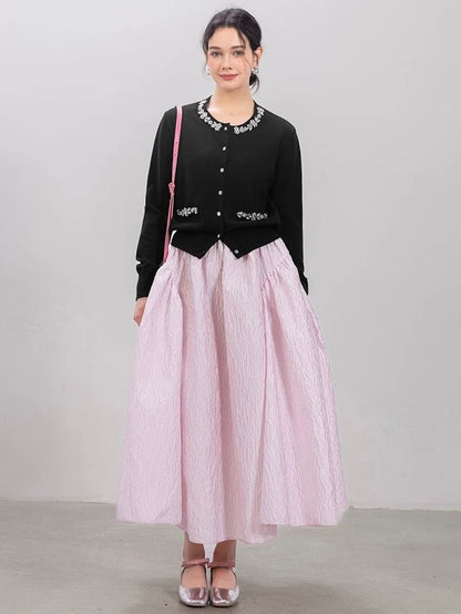 Jeweled Button Cardigan & Textured Midi Skirt Set