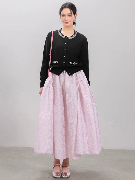 Jeweled Button Cardigan & Textured Midi Skirt Set