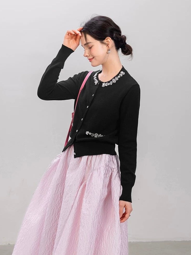 Jeweled Button Cardigan & Textured Midi Skirt Set