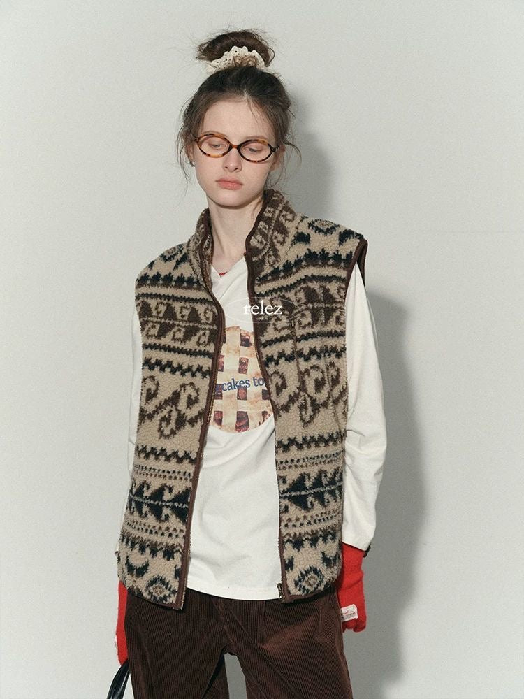 Retro Patterned Fleece Zip Vest