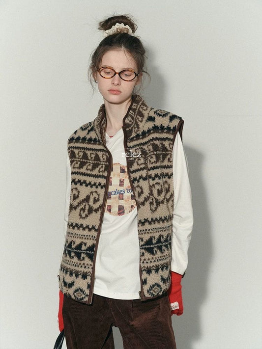 Retro Patterned Fleece Zip Vest