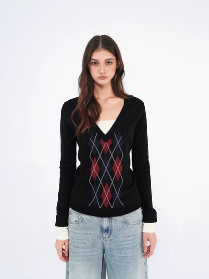 Argyle V-Neck Knit Sweater