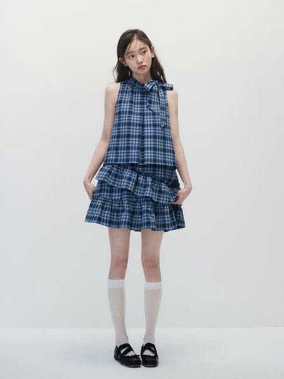 Blue Plaid Loose Ruffled Cake Dress