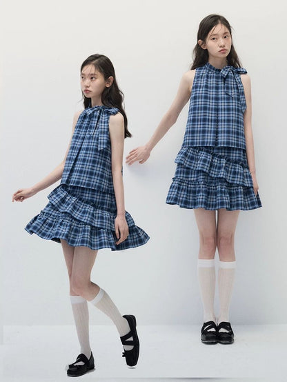Blue Plaid Loose Ruffled Cake Dress