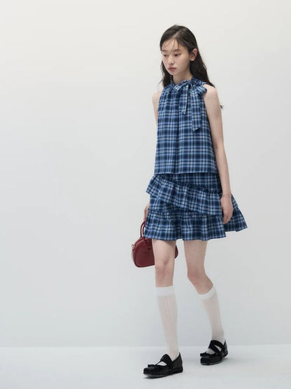 Blue Plaid Loose Ruffled Cake Dress
