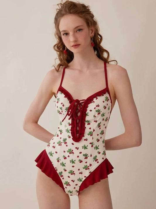 Strawberry cake. - Red Floral Swimsuit