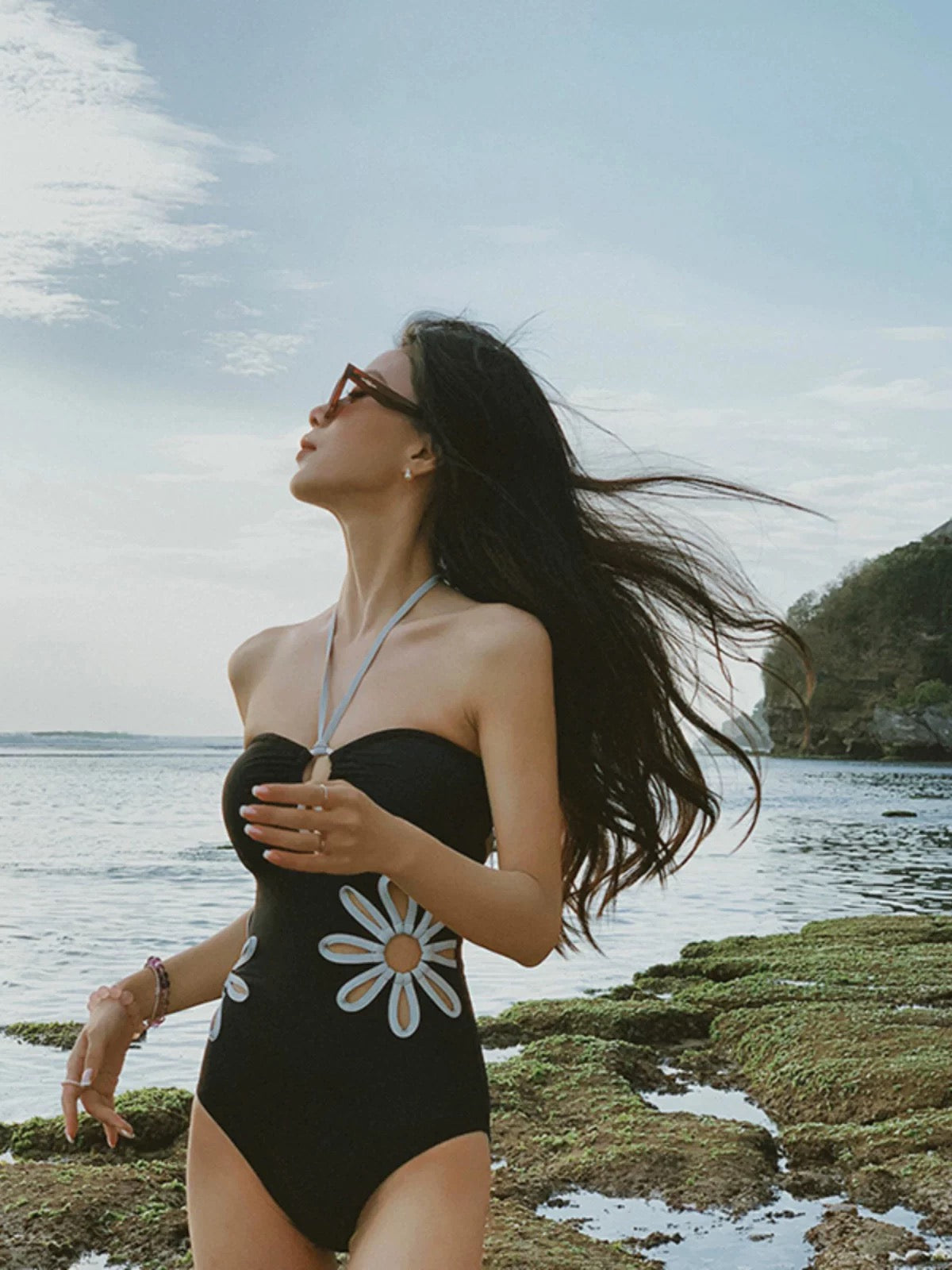 The Sea Flower - Black Flower Cutout Swimsuit