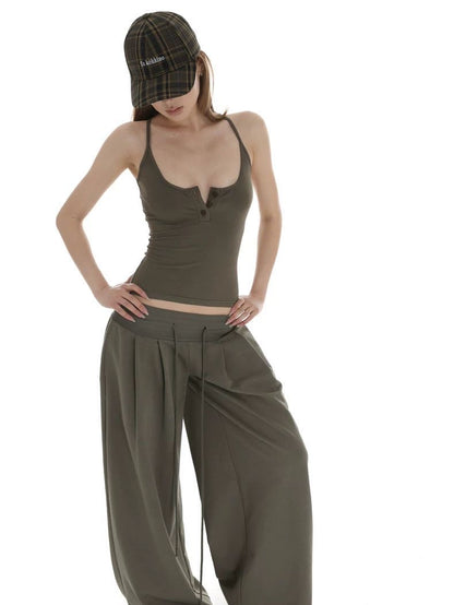 Desert Green Utility Vest Wide-Leg Pants Set