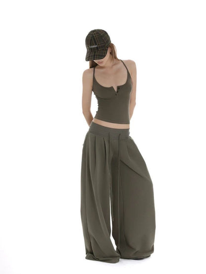 Desert Green Utility Vest Wide-Leg Pants Set