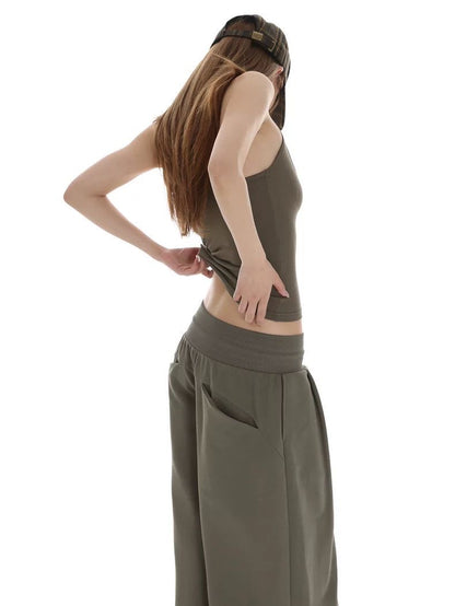 Desert Green Utility Vest Wide-Leg Pants Set