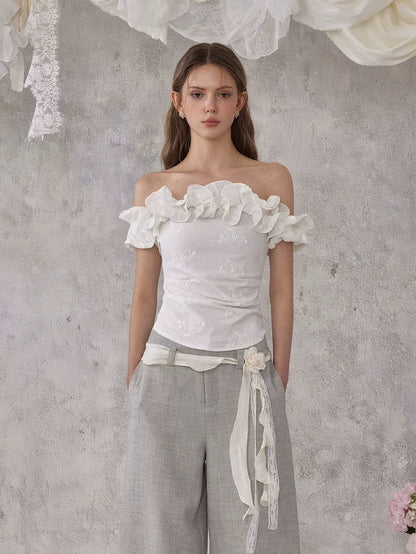 Floral Ruffle Off-Shoulder Top – White