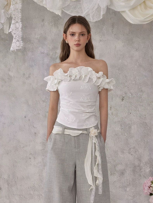 Floral Ruffle Off-Shoulder Top – White