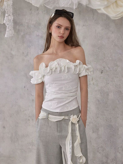 Floral Ruffle Off-Shoulder Top – White