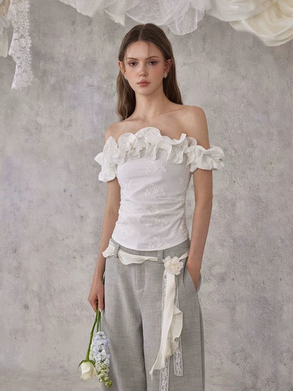 Floral Ruffle Off-Shoulder Top – White