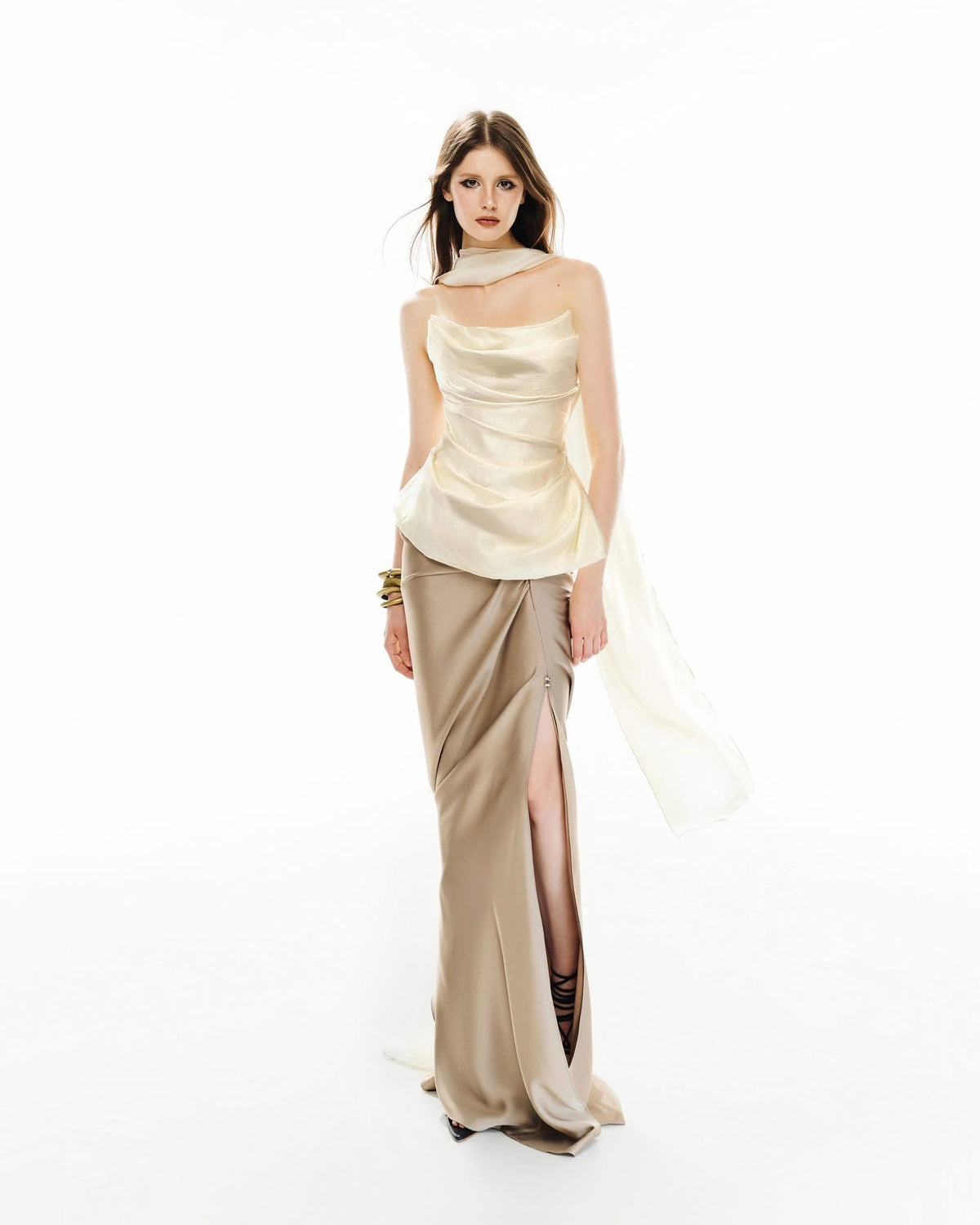 MUST HAVE Corset top with scarf neck & Golden silk maxi skirt — Must Have