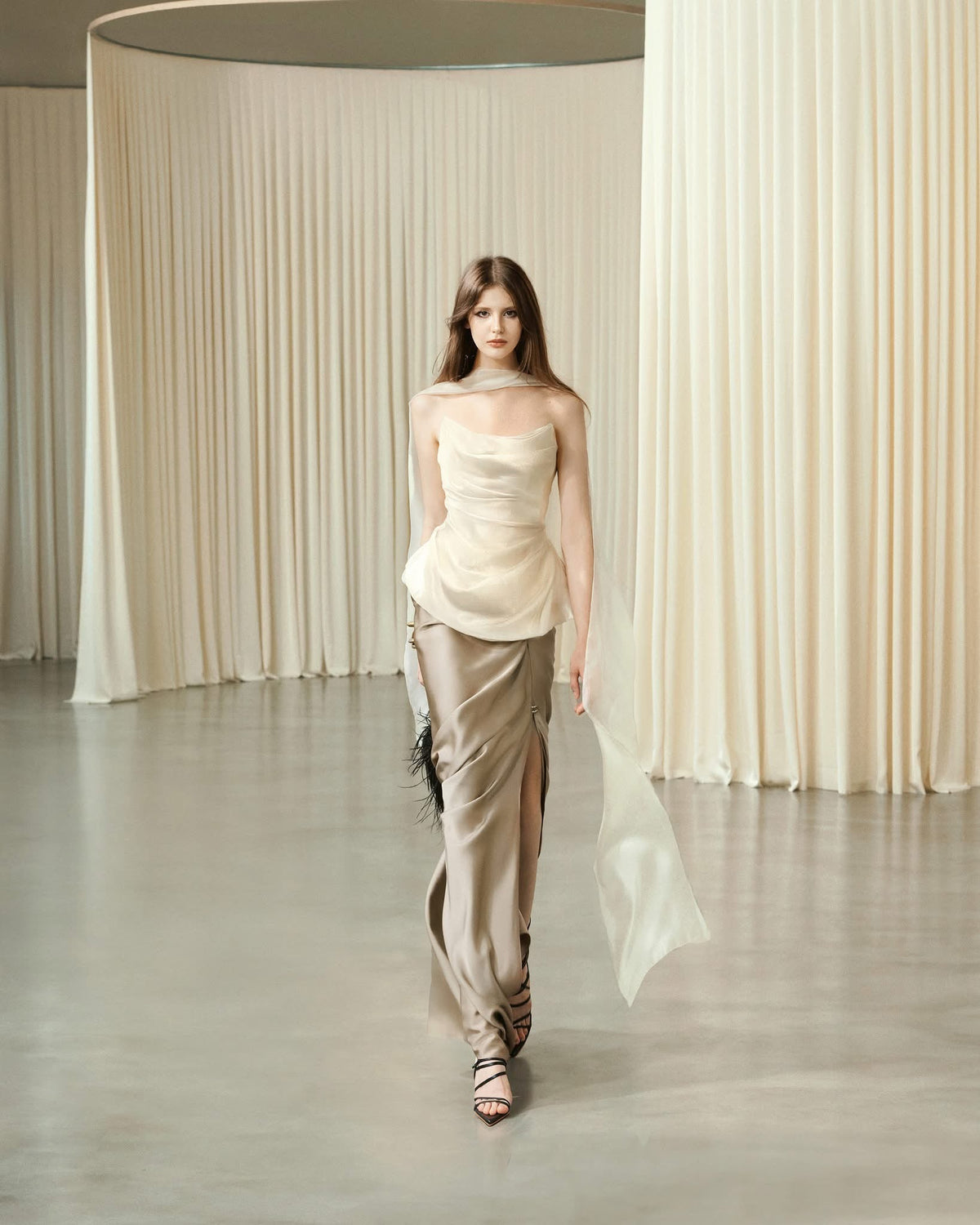 MUST HAVE Corset top with scarf neck & Golden silk maxi skirt — Must Have